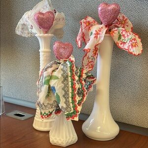 Vintage Milkglass Vases with Vintage Handkerchiefs